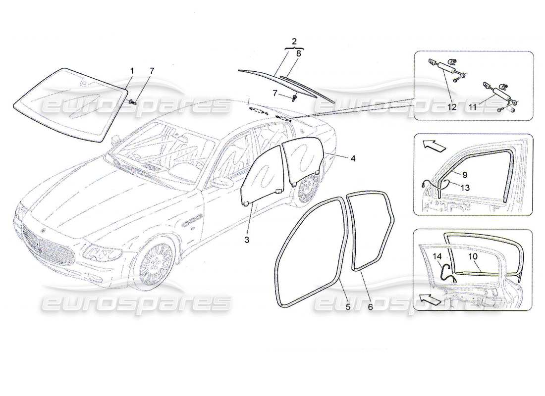 maserati qtp. (2010) 4.7 diagrama de piezas de ventanas y listones de ventanas