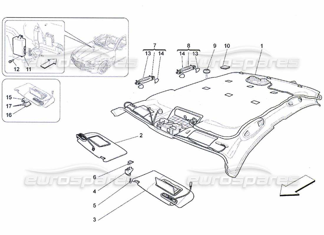 maserati qtp. (2010) 4.7 diagrama de piezas de techo y parasoles