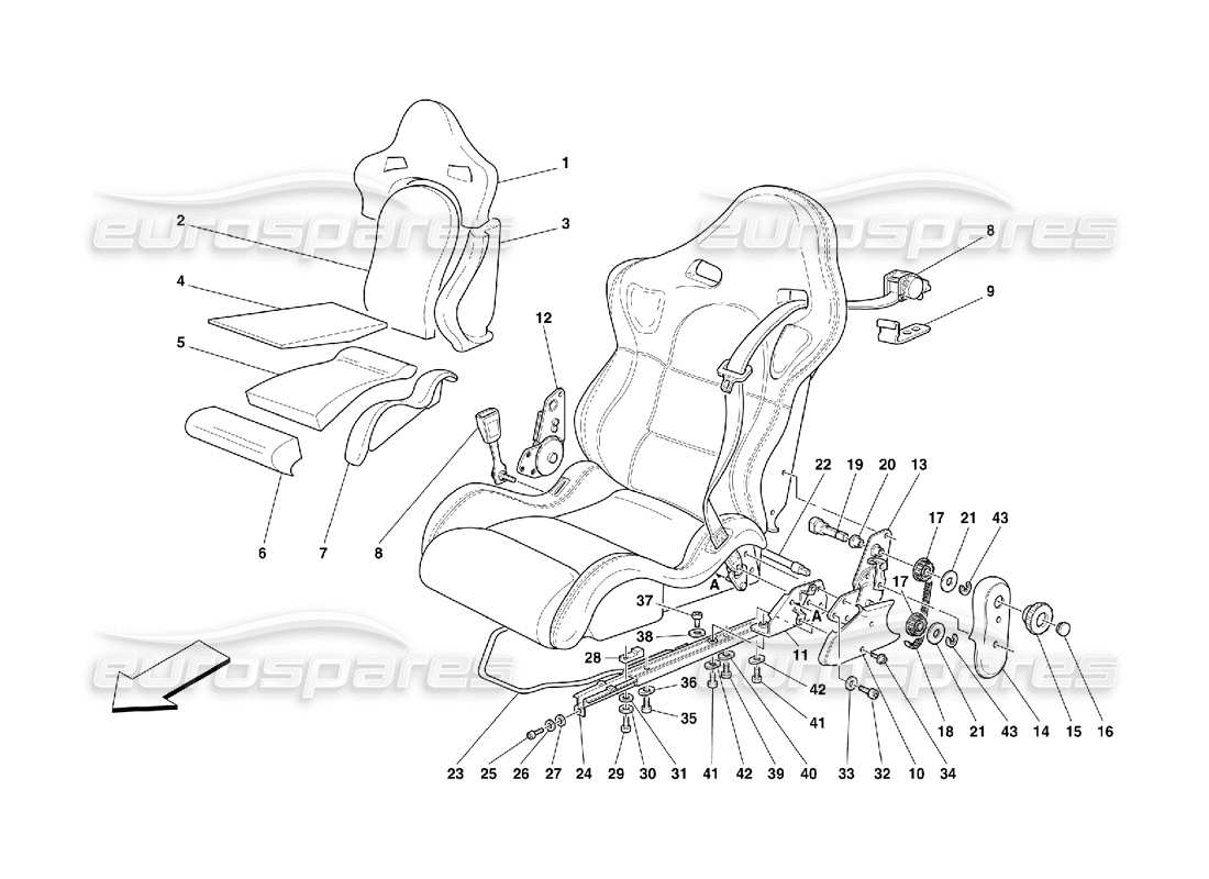 ferrari 355 (5.2 motronic) diagrama de piezas de asientos y cinturones de seguridad