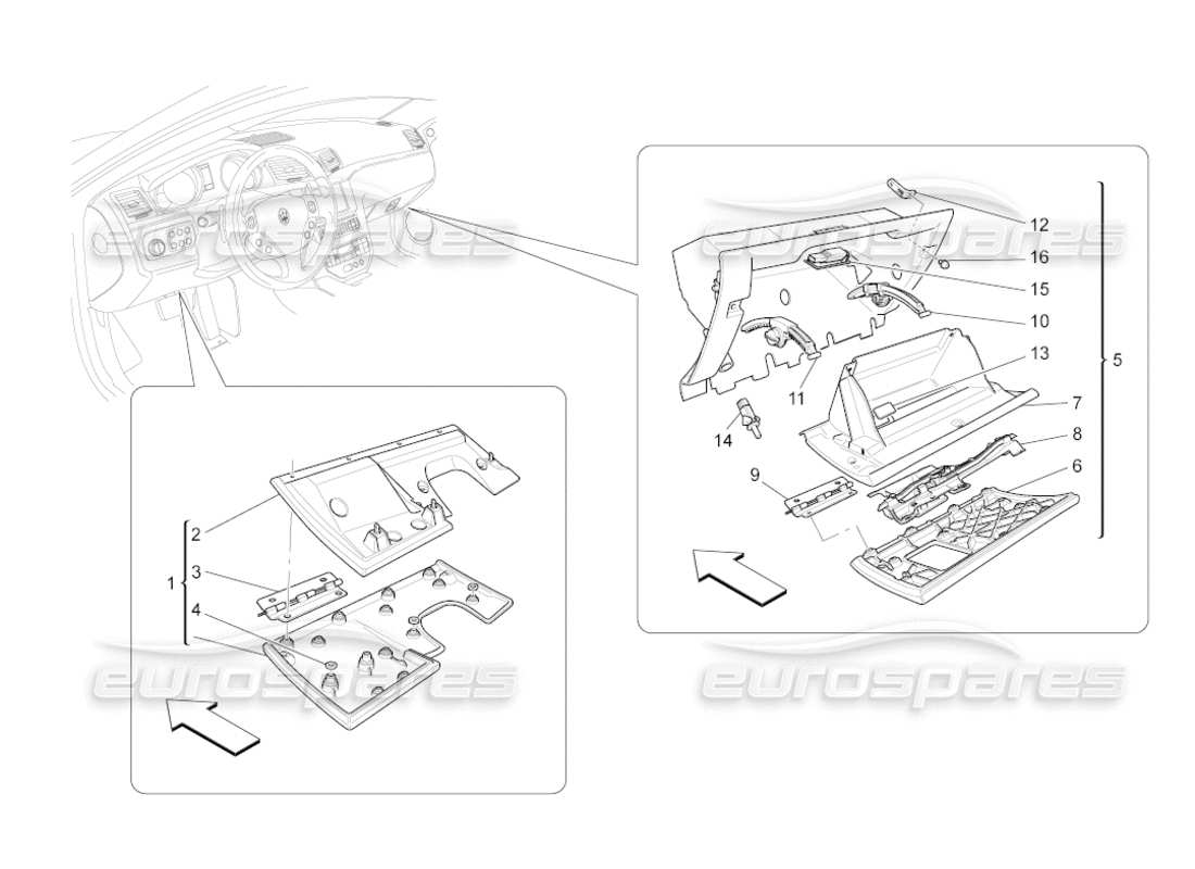 maserati grancabrio (2011) 4.7 diagrama de piezas de las guanteras