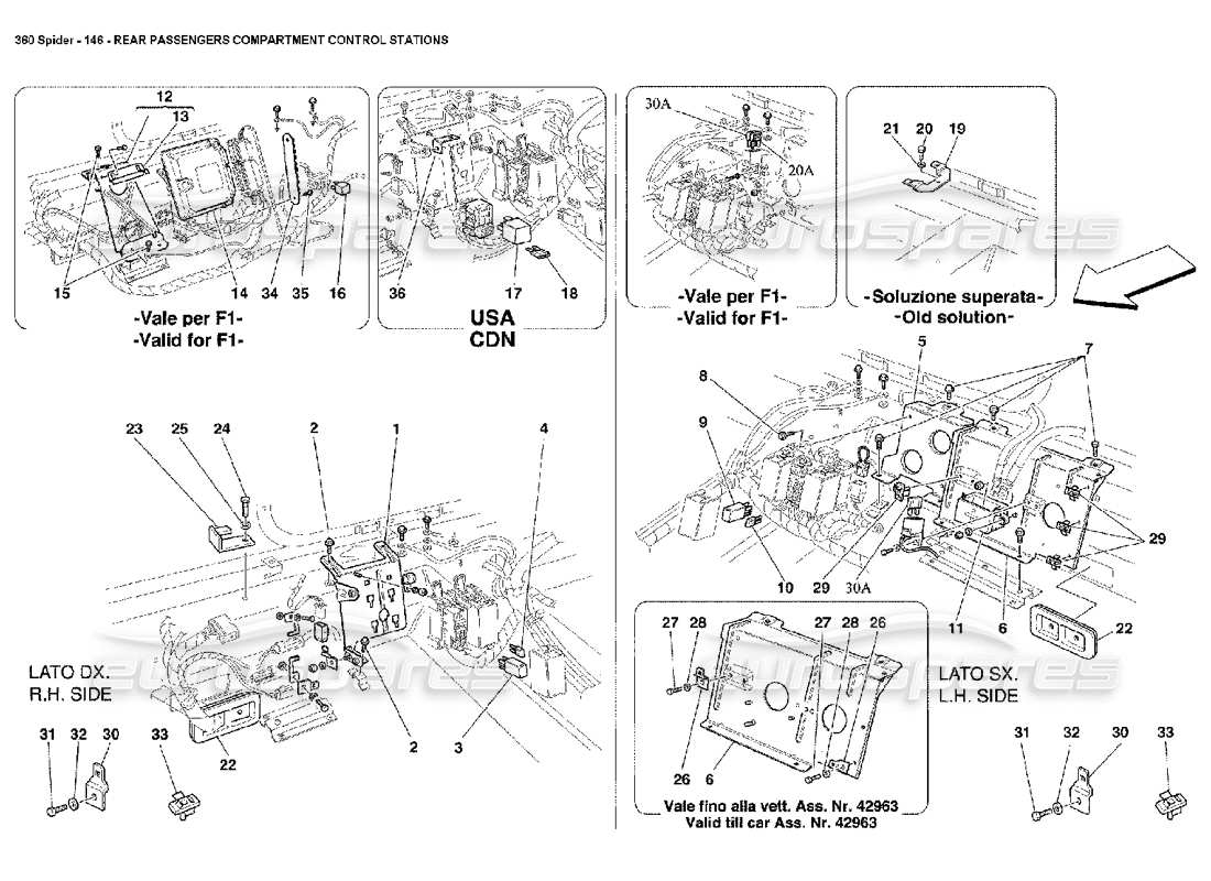 ferrari 360 spider diagrama de piezas de las estaciones de control del compartimento de pasajeros trasero