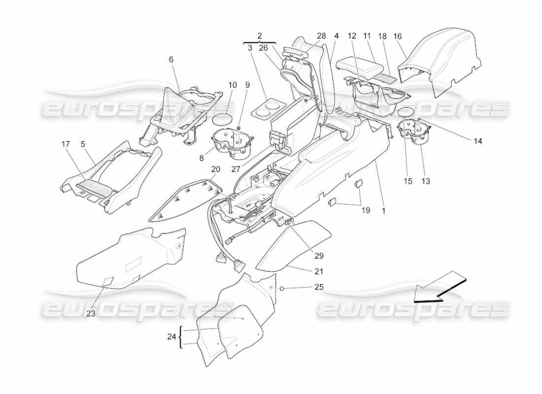 maserati grancabrio (2011) 4.7 diagrama de piezas de la consola de accesorios y la consola central