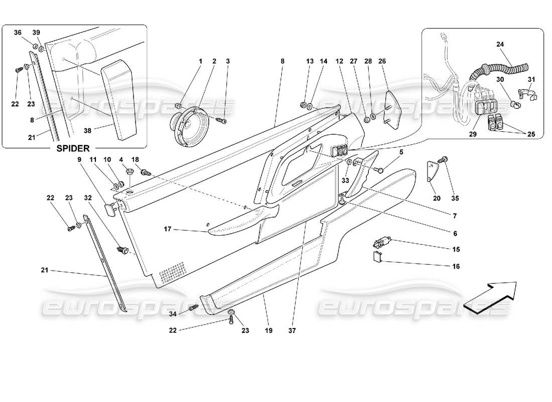 ferrari 355 (2.7 motronic) puertas - diagrama de piezas de molduras interiores
