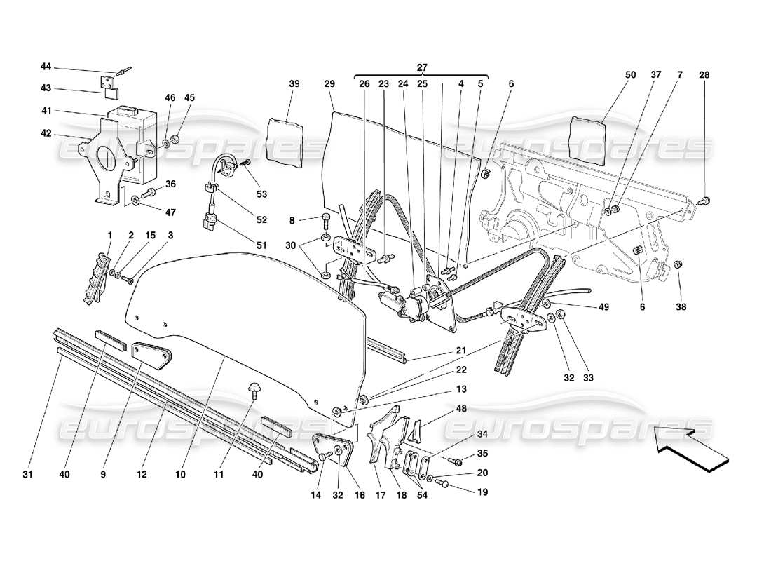 ferrari 355 (5.2 motronic) puertas - dispositivo de elevación de vidrio diagrama de piezas