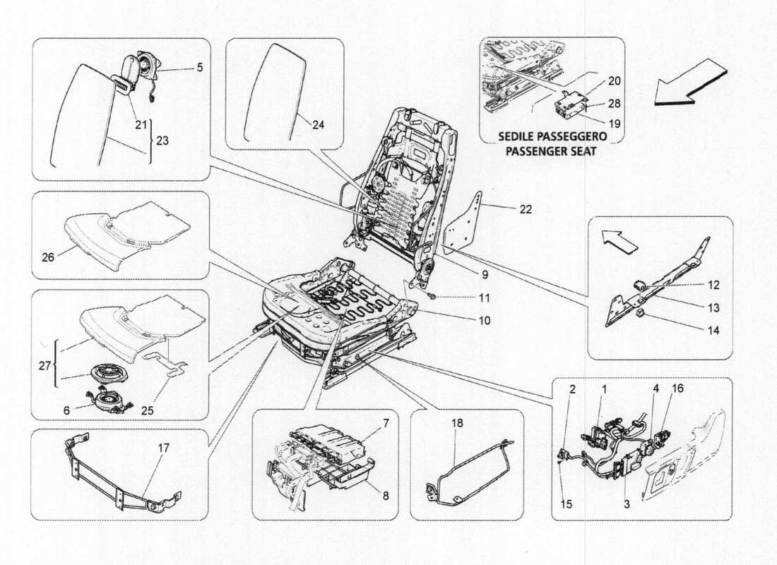 maserati qtp. v6 3.0 bt 410bhp 2015 diagrama de piezas electrónicas del asiento delantero