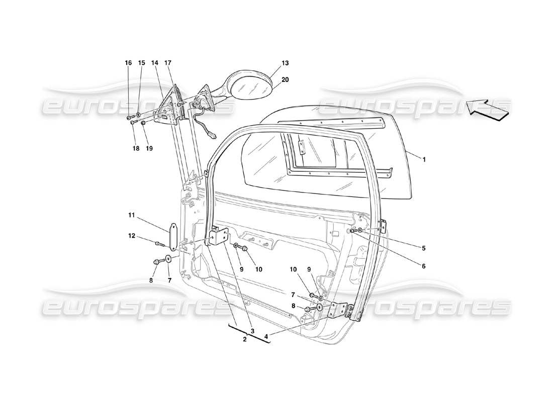 ferrari 360 challenge (2000) puertas - diagrama de piezas de ventana y espejo retrovisor