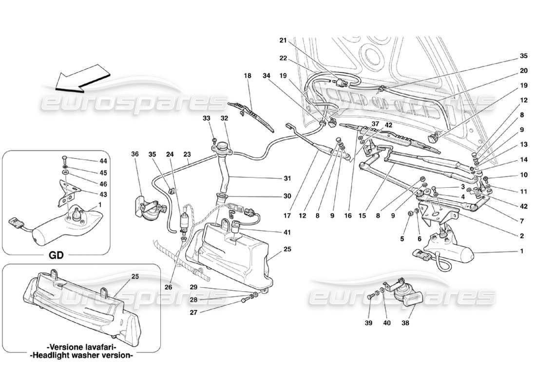 ferrari 360 challenge stradale diagrama de piezas de parabrisas, arandela y bocinas