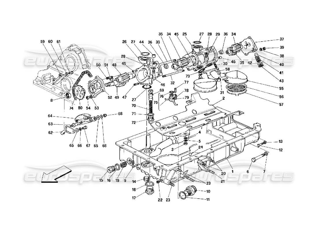 ferrari 348 (2.7 motronic) lubricación: bombas y cárteres de aceite diagrama de piezas