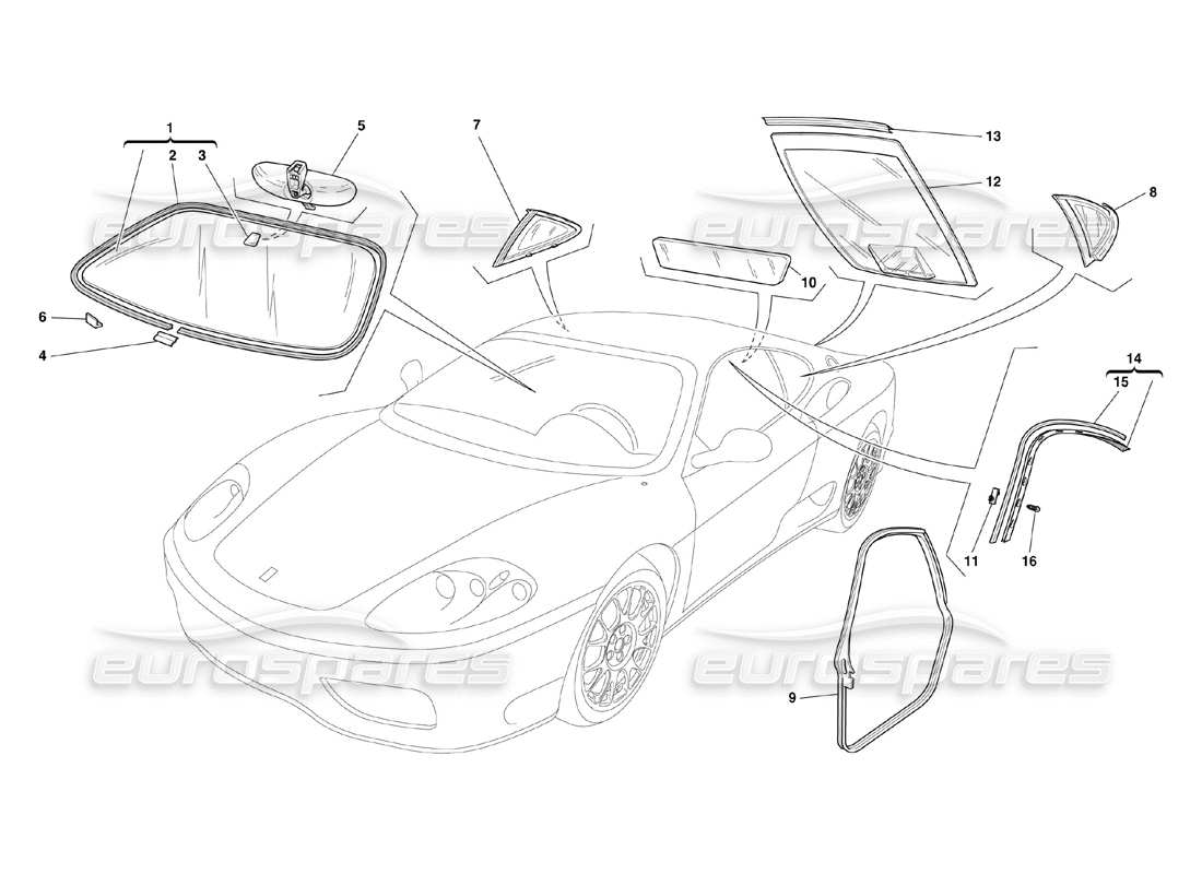 ferrari 360 challenge (2000) diagrama de piezas de vidrios y juntas