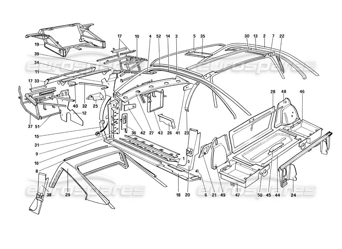 ferrari 328 (1985) carrocería - diagrama de piezas de elementos internos (para versiones ee. uu. y sa)