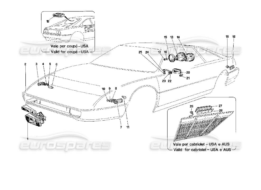 ferrari mondial 3.4 t coupe/cabrio dispositivos de iluminación fijos diagrama de piezas