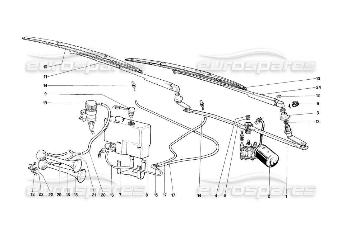 ferrari mondial 8 (1981) diagrama de piezas del limpiaparabrisas, arandela y bocina