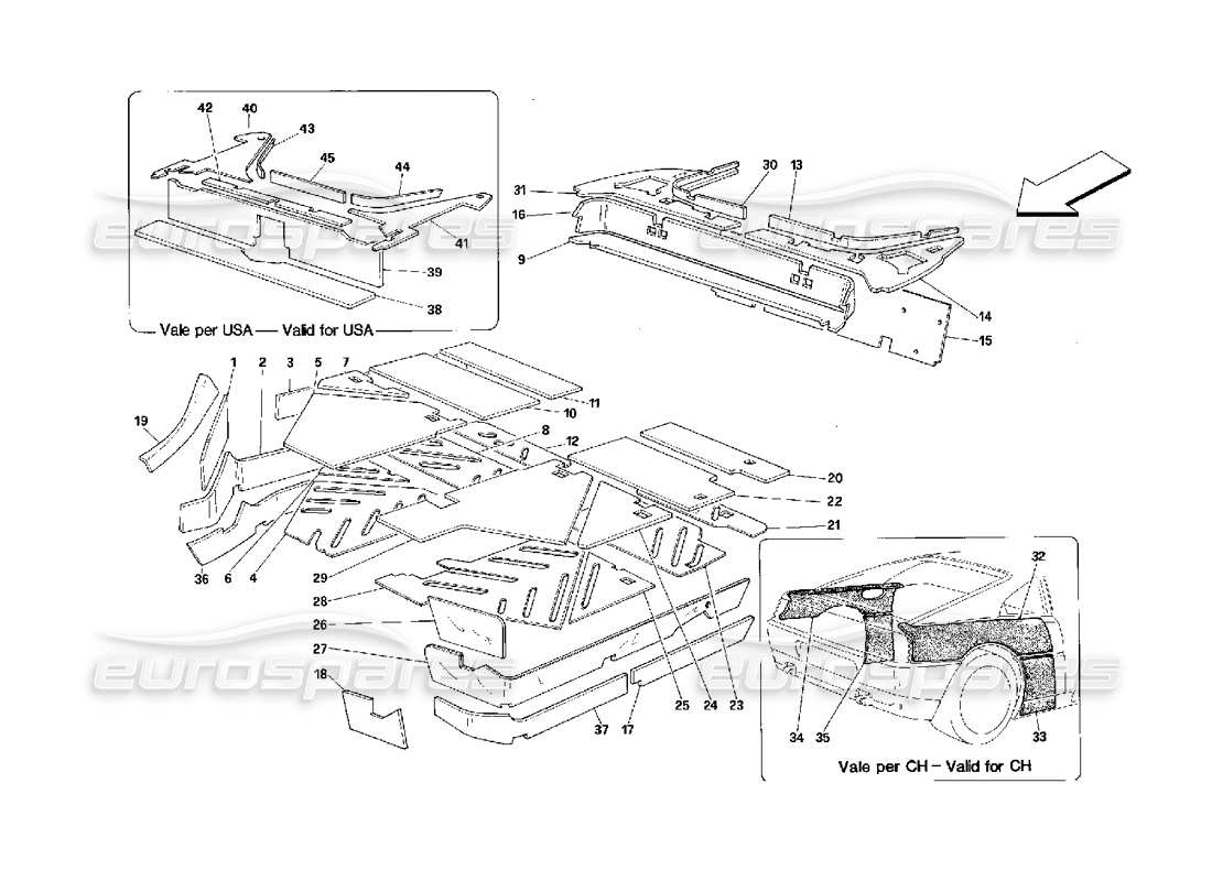 ferrari 348 (2.7 motronic) compensación de pasajeros. diagrama de piezas de aislamientos