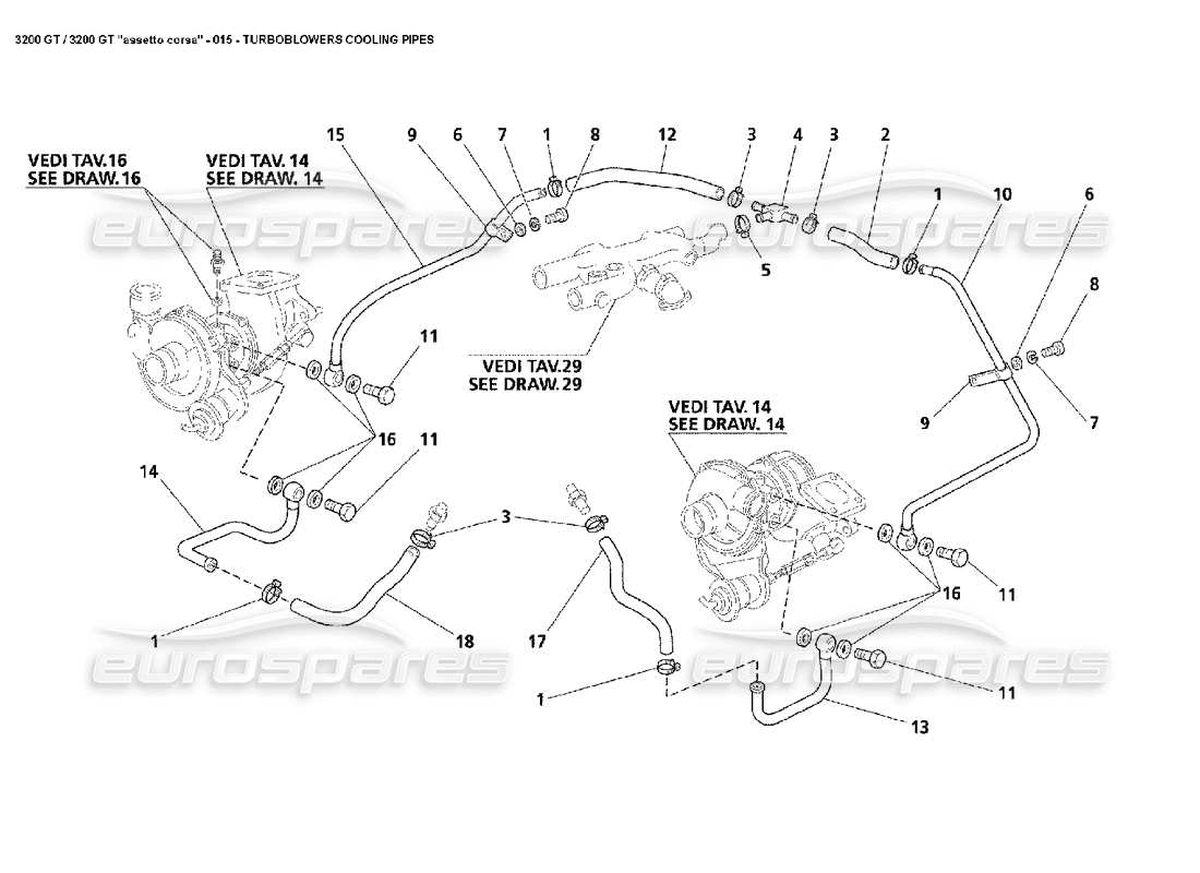 maserati 3200 gt/gta/assetto corsa tubos de refrigeración turbo diagrama de piezas