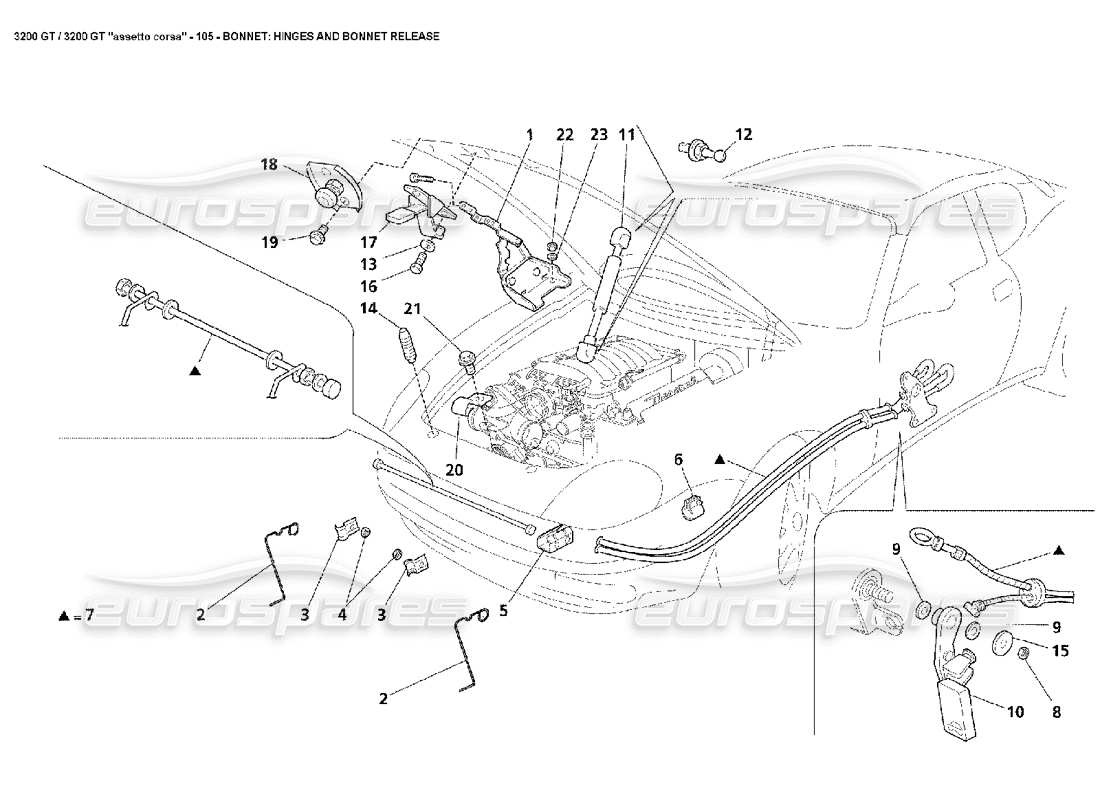 maserati 3200 gt/gta/assetto corsa capó: diagrama de piezas de liberación del capó y bisagras