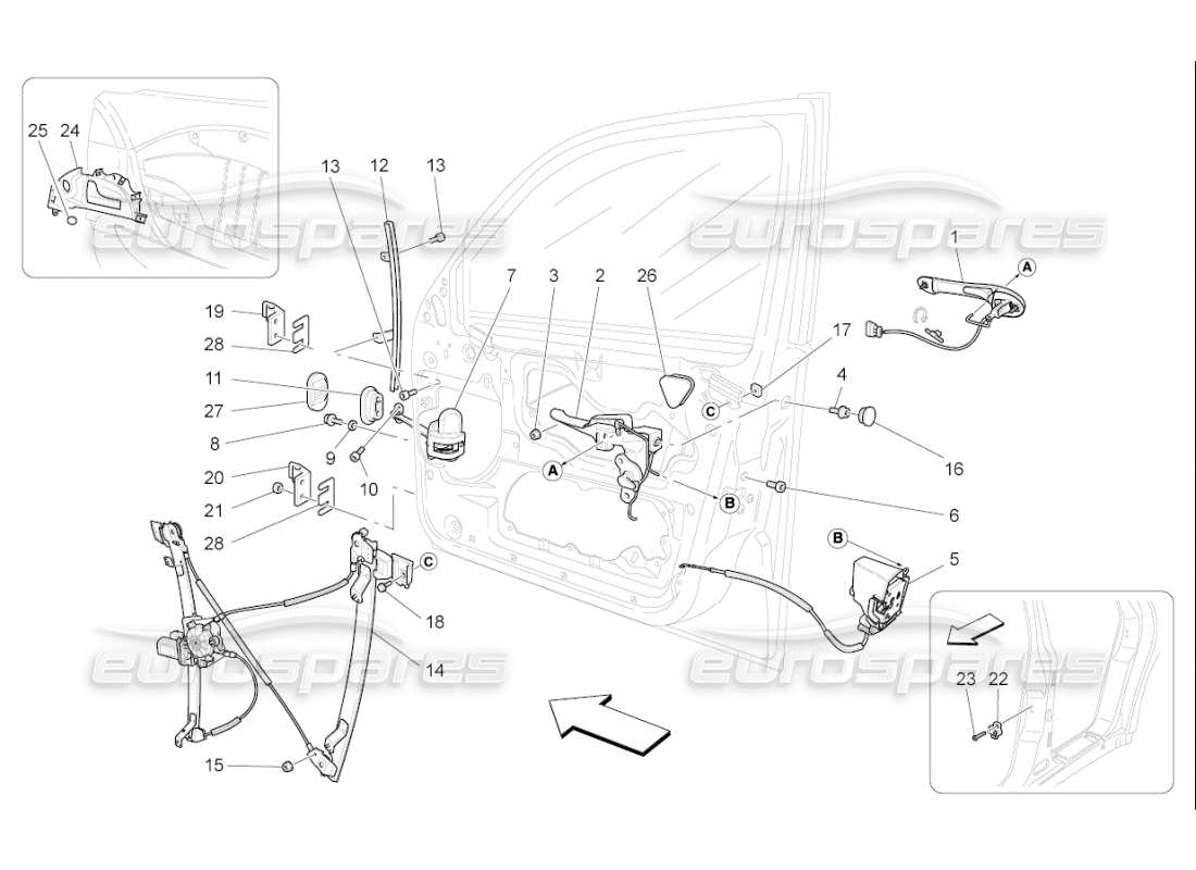maserati qtp. (2010) 4.7 auto puertas delanteras: diagrama de piezas de mecanismos