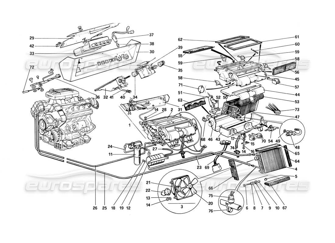 ferrari mondial 8 (1981) diagrama de piezas del sistema de calefacción