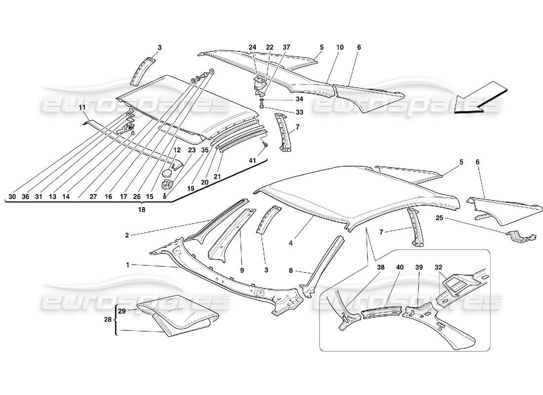 ferrari 355 (5.2 motronic) techo - diagrama de piezas de molduras exteriores