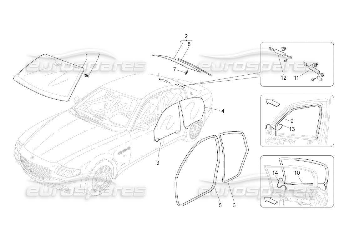 maserati qtp. (2011) 4.7 auto diagrama de piezas de ventanas y listones de ventanas