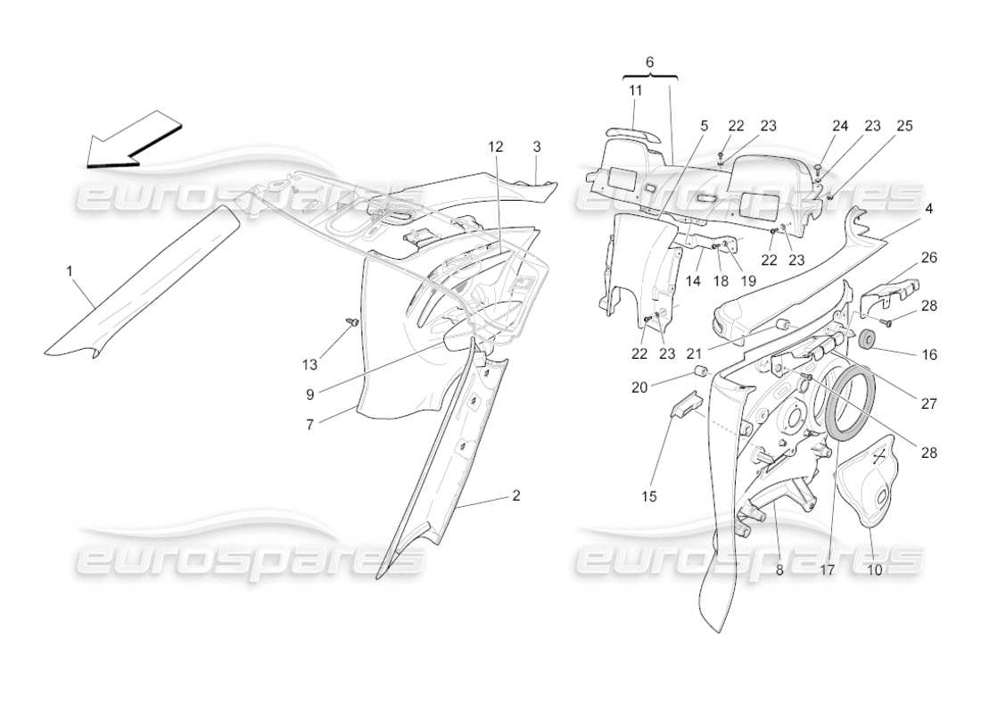 maserati grancabrio (2011) 4.7 diagrama de piezas de paneles laterales y embellecedores del pilar b del compartimento de pasajeros