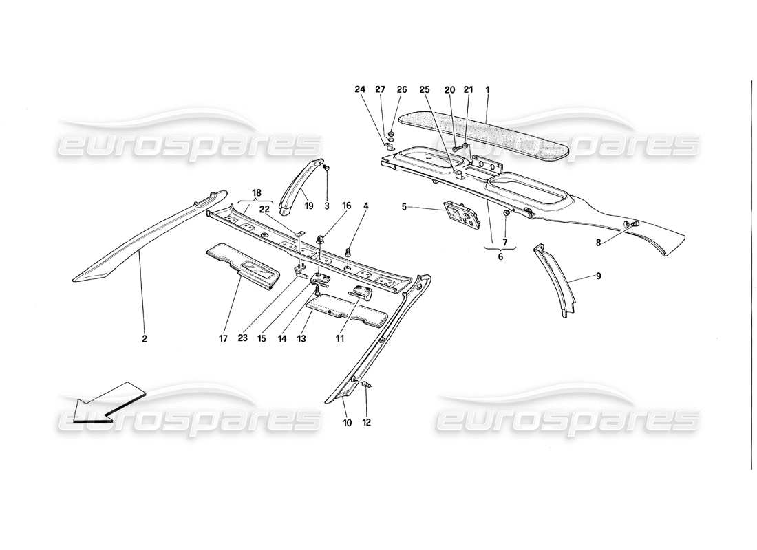 ferrari 348 (1993) tb / ts diagrama de piezas de molduras de techo