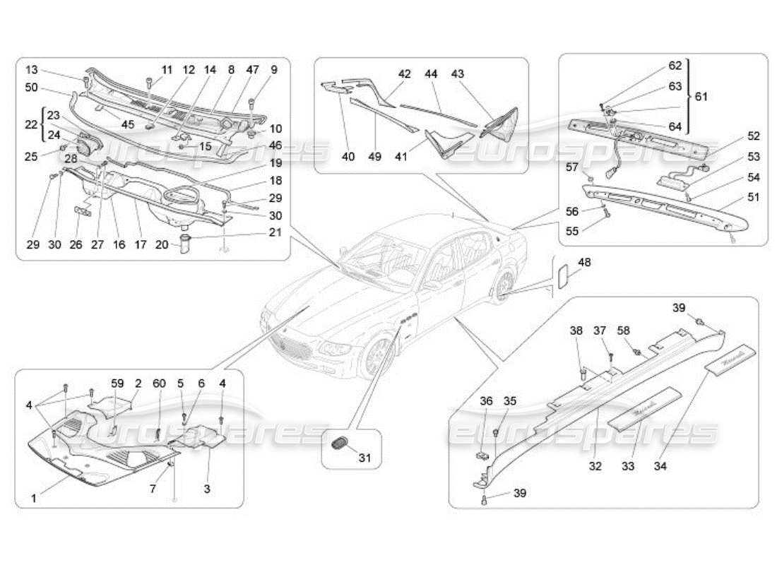 maserati qtp. (2005) 4.2 diagrama de piezas de escudos, molduras y paneles de cobertura