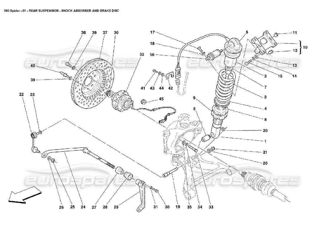 ferrari 360 spider suspensión trasera: amortiguador y disco de freno diagrama de piezas