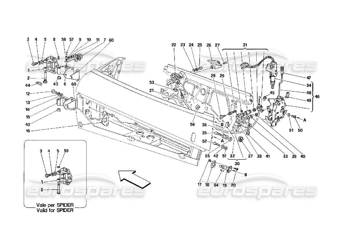 ferrari 348 (2.7 motronic) puertas: diagrama de piezas de control de apertura y bisagras