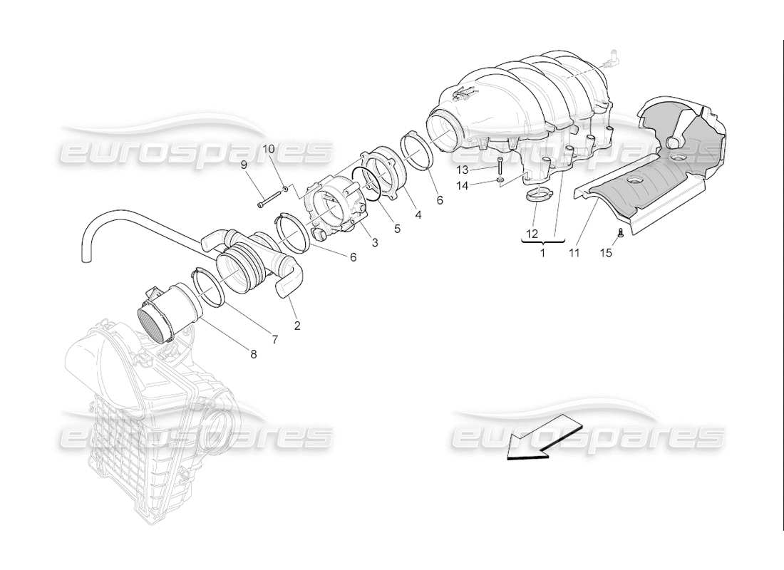 maserati qtp. (2006) 4.2 f1 diagrama de partes del colector de admisión y del cuerpo del acelerador