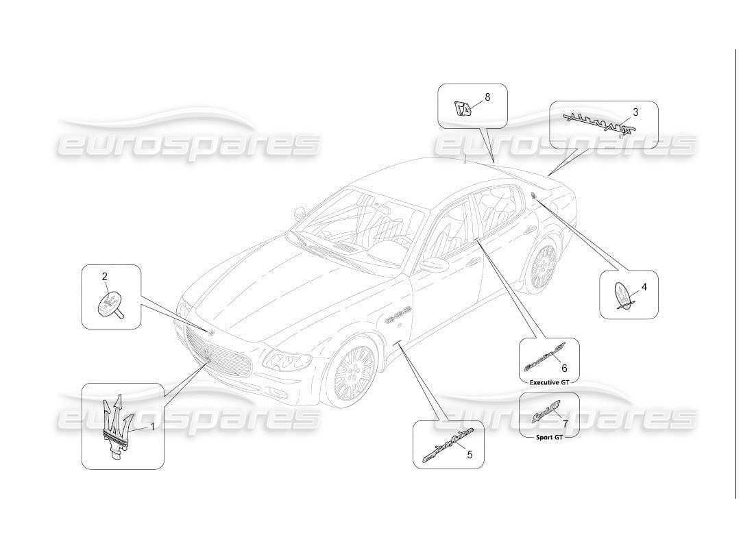maserati qtp. (2007) 4.2 auto diagrama de piezas de adornos, marcas y símbolos