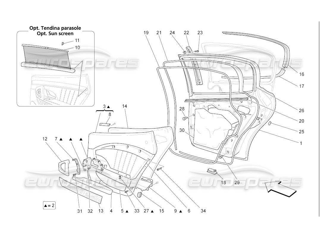 maserati qtp. (2007) 4.2 auto puertas traseras: diagrama de piezas de los paneles embellecedores