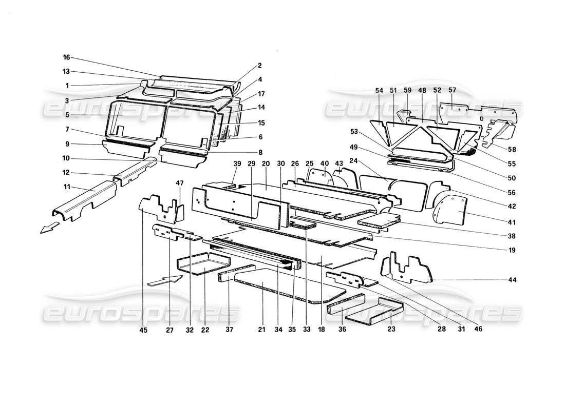 ferrari 328 (1985) diagrama de piezas del aislamiento de los compartimentos de pasajeros y equipaje (para versiones ee. uu. y sa)