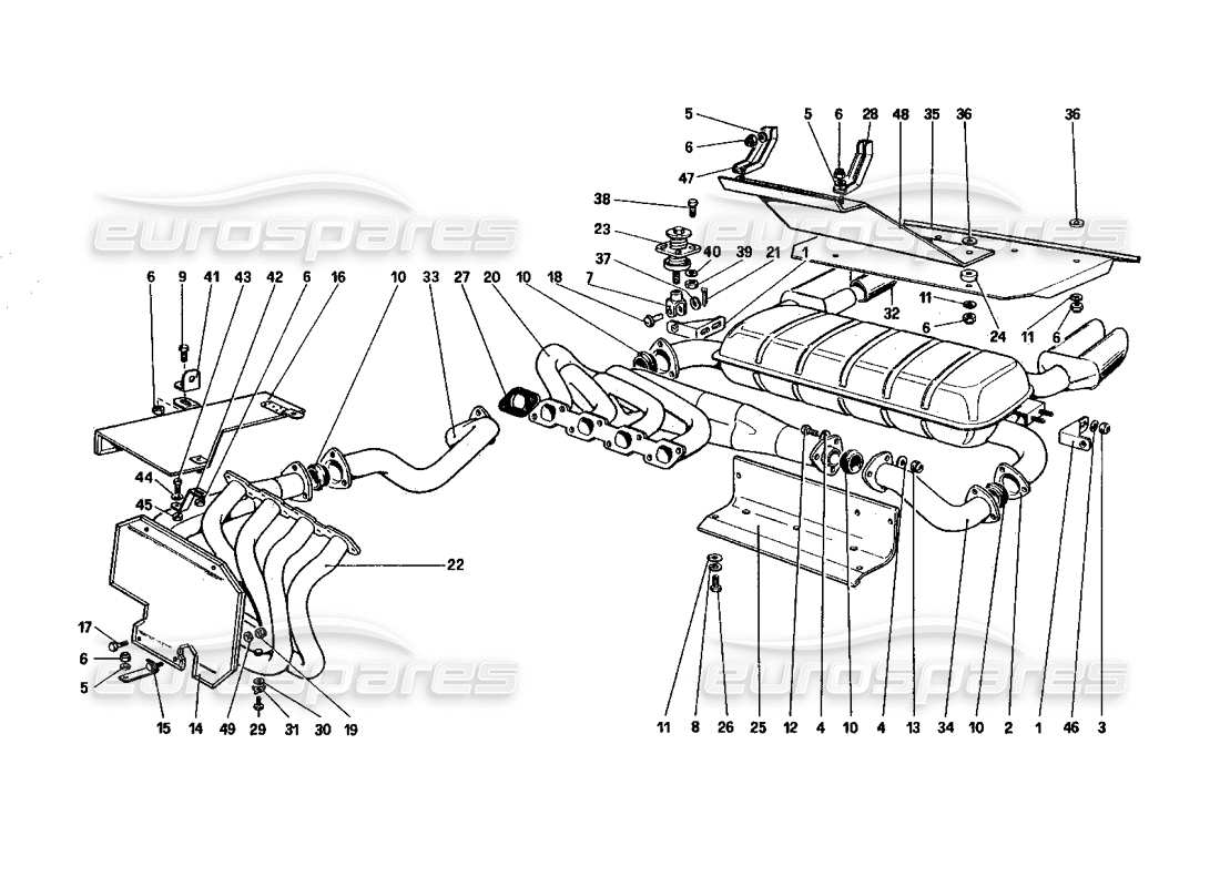 ferrari 328 (1985) diagrama de piezas del sistema de escape (no para las versiones ee. uu. y sa)