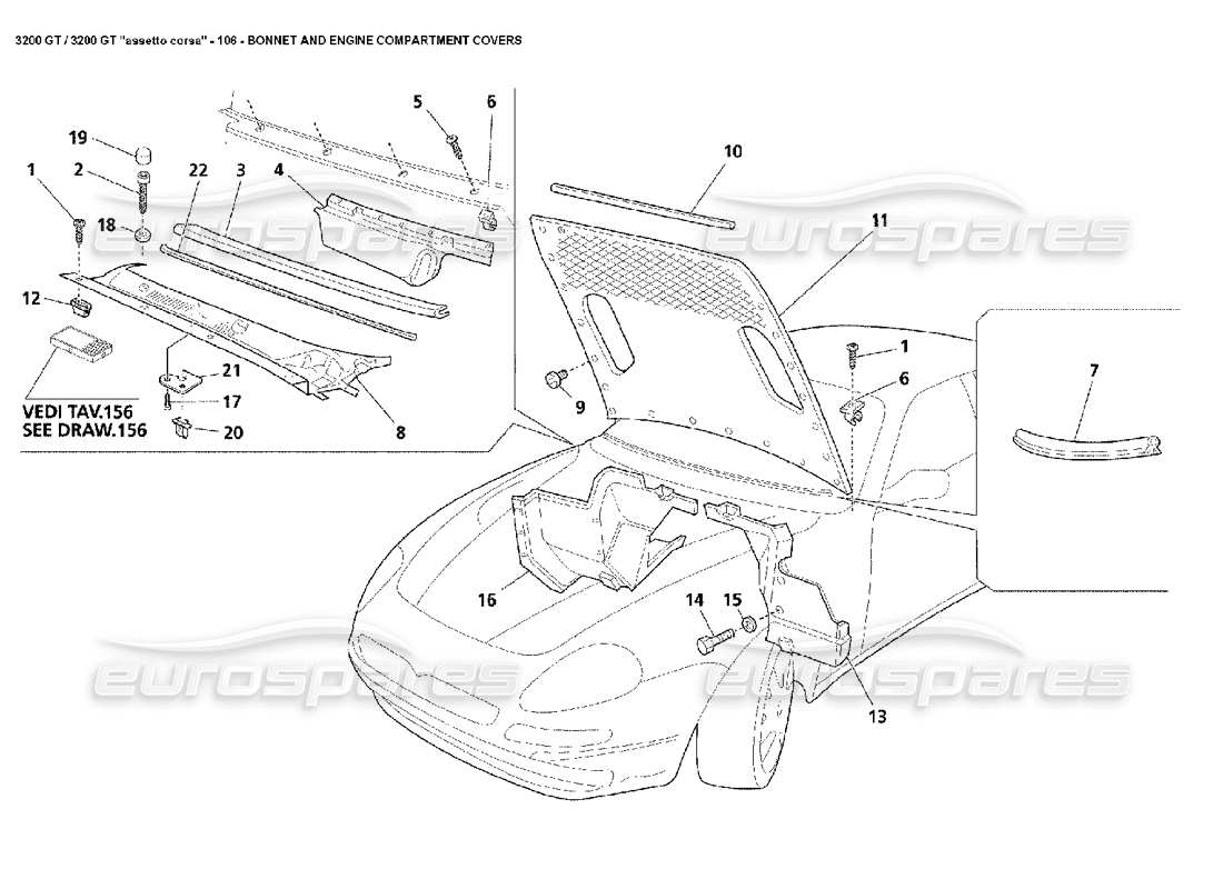 maserati 3200 gt/gta/assetto corsa diagrama de piezas de las cubiertas del capó y del compartimento del motor