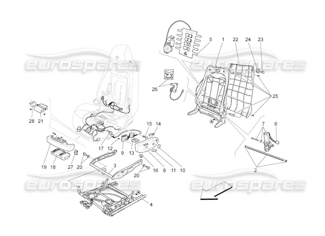 maserati grancabrio (2010) 4.7 asientos delanteros: diagrama de piezas de mecánica y electrónica