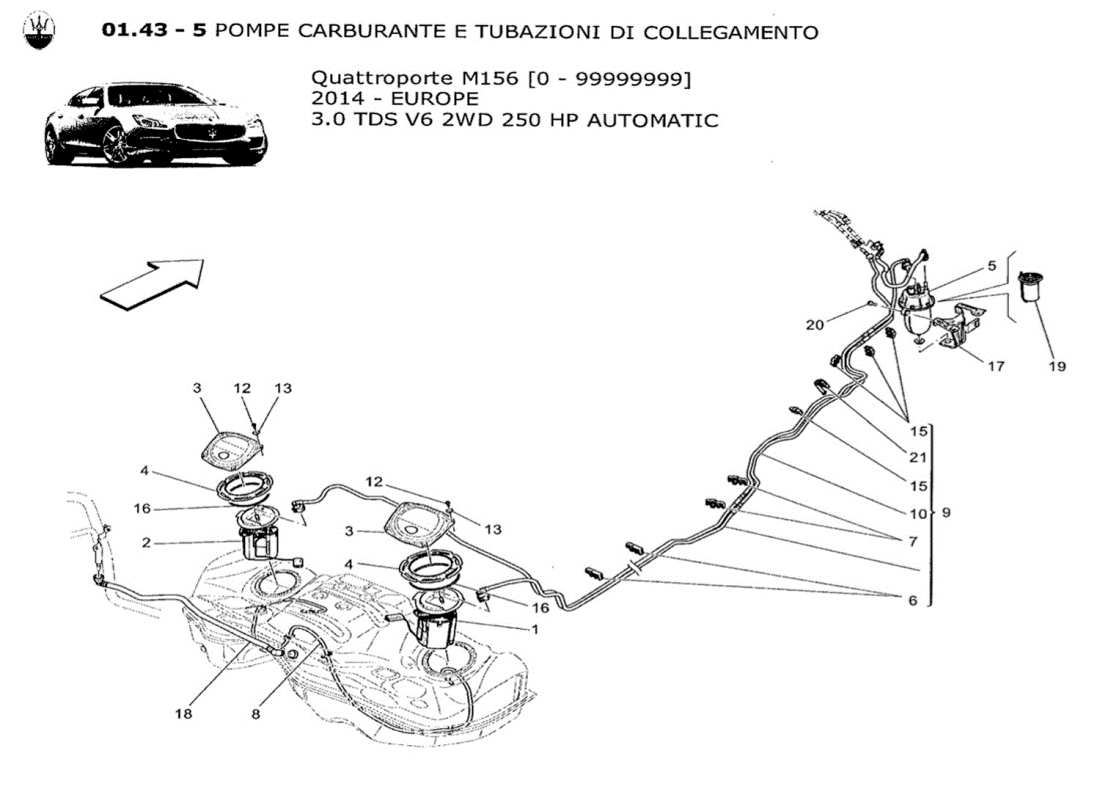 maserati qtp. v6 3.0 tds 250bhp 2014 diagrama de piezas de bombas de combustible y líneas de conexión