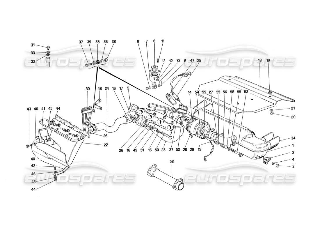 ferrari 328 (1985) sistema de escape (para versiones ee. uu. y sa) diagrama de piezas
