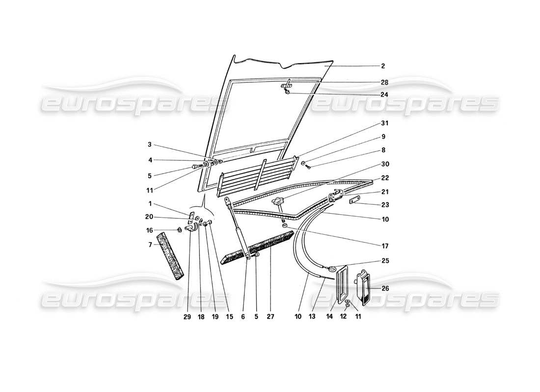 ferrari 328 (1985) diagrama de piezas de la tapa del compartimento frontal