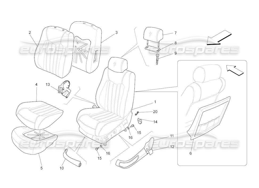 maserati qtp. (2011) 4.7 auto asientos delanteros: diagrama de piezas de los paneles tapizados
