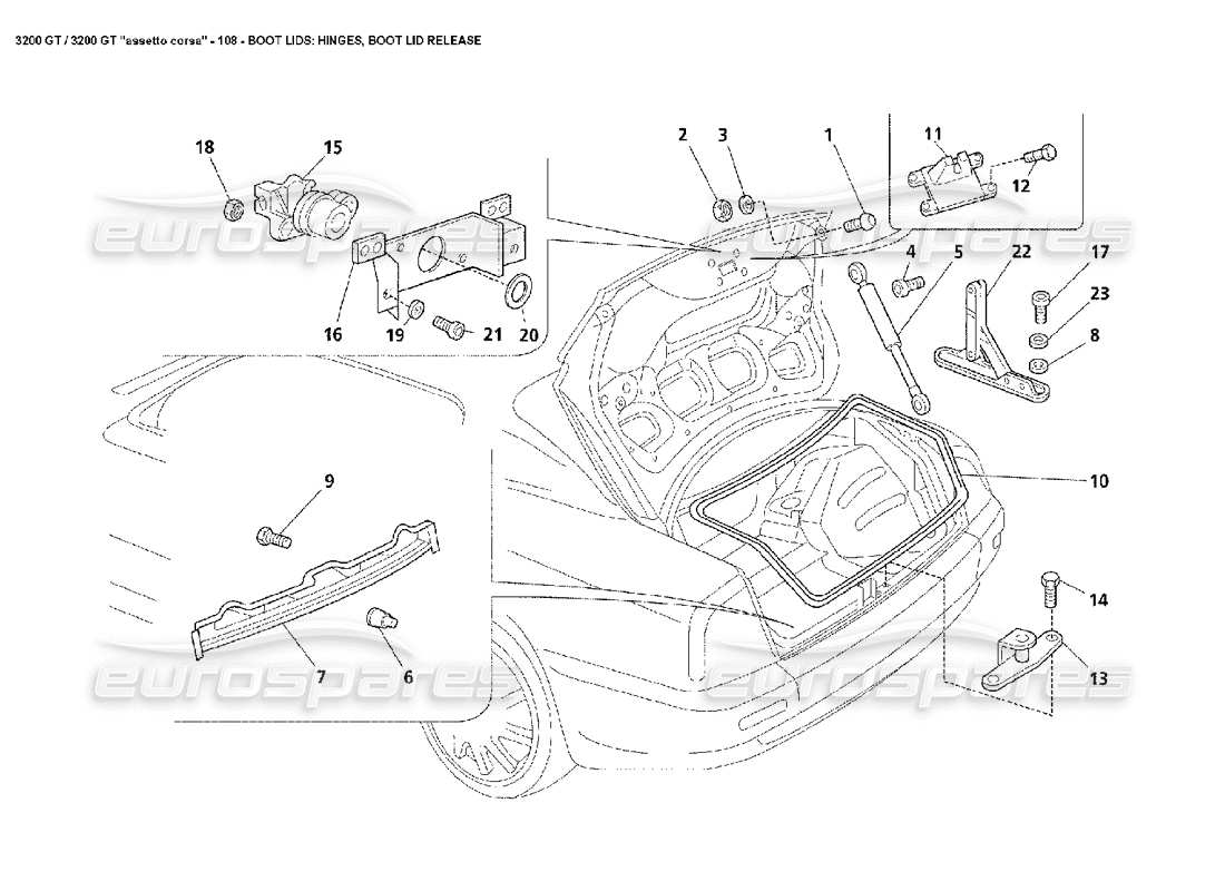 maserati 3200 gt/gta/assetto corsa tapa del maletero: bisagras, diagrama de piezas de liberación de la tapa del maletero