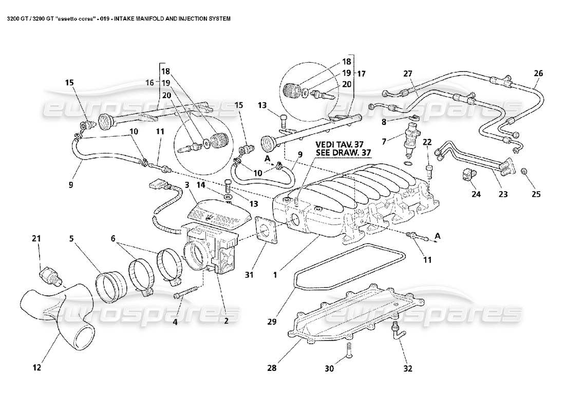 maserati 3200 gt/gta/assetto corsa diagrama de piezas de inyección y colector de admisión