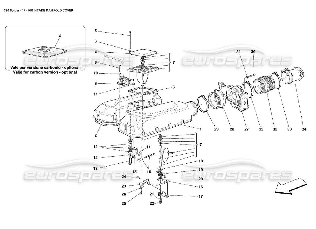 ferrari 360 spider diagrama de piezas de la cubierta del colector de admisión de aire