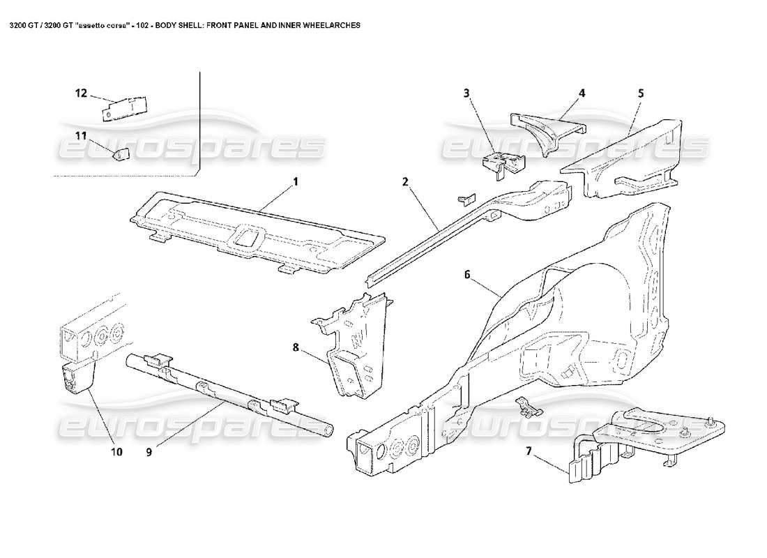 maserati 3200 gt/gta/assetto corsa carrocería: diagrama de piezas del panel frontal y pasos de rueda interiores
