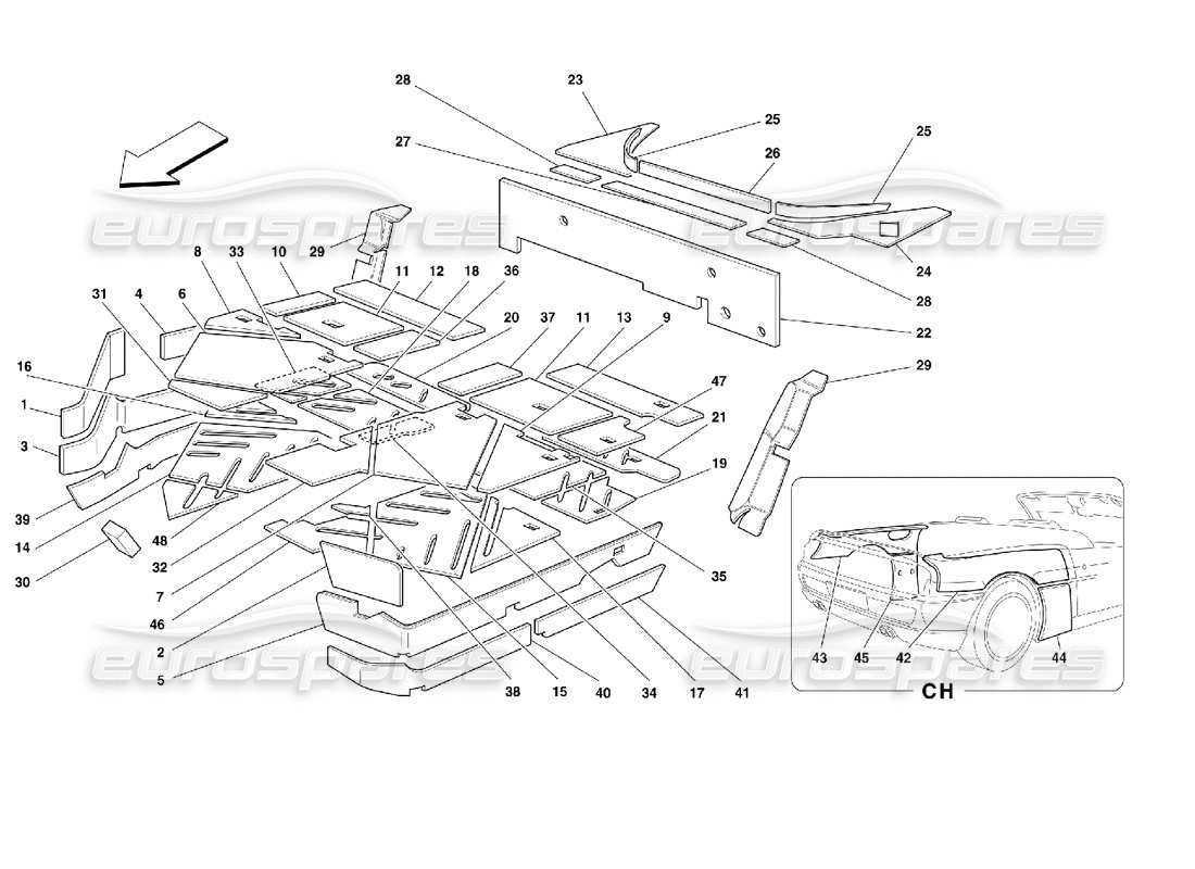 ferrari 355 (2.7 motronic) diagrama de piezas de aislamientos del compartimento de pasajeros