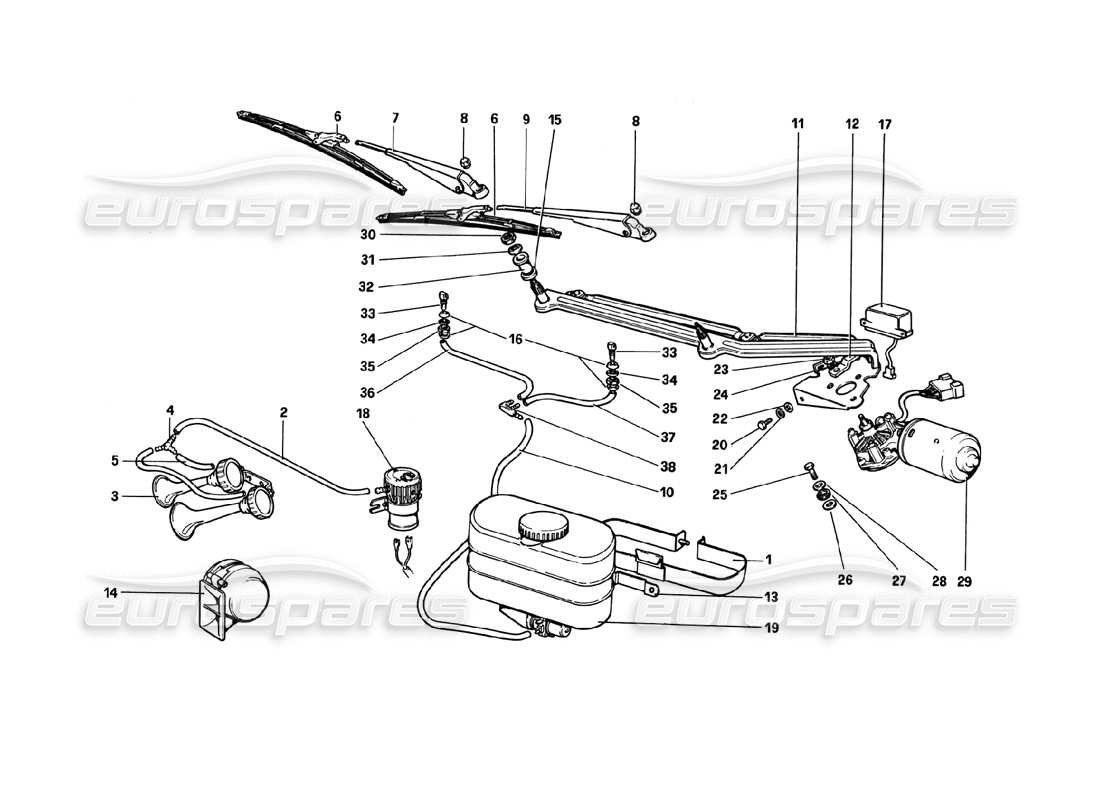 ferrari 308 gtb (1980) diagrama de piezas del limpiaparabrisas, arandela y bocina (variantes para rhd - versiones aus)