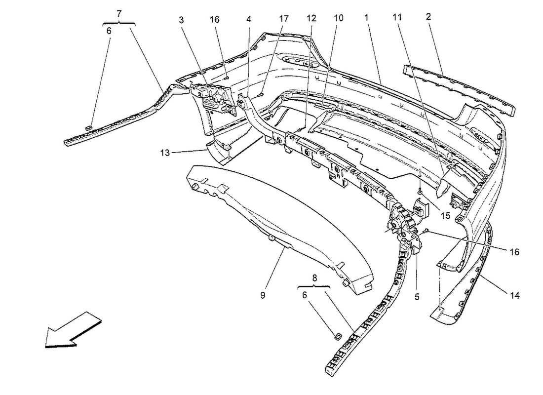 maserati qtp. v8 3.8 530bhp 2014 diagrama de piezas del parachoques trasero