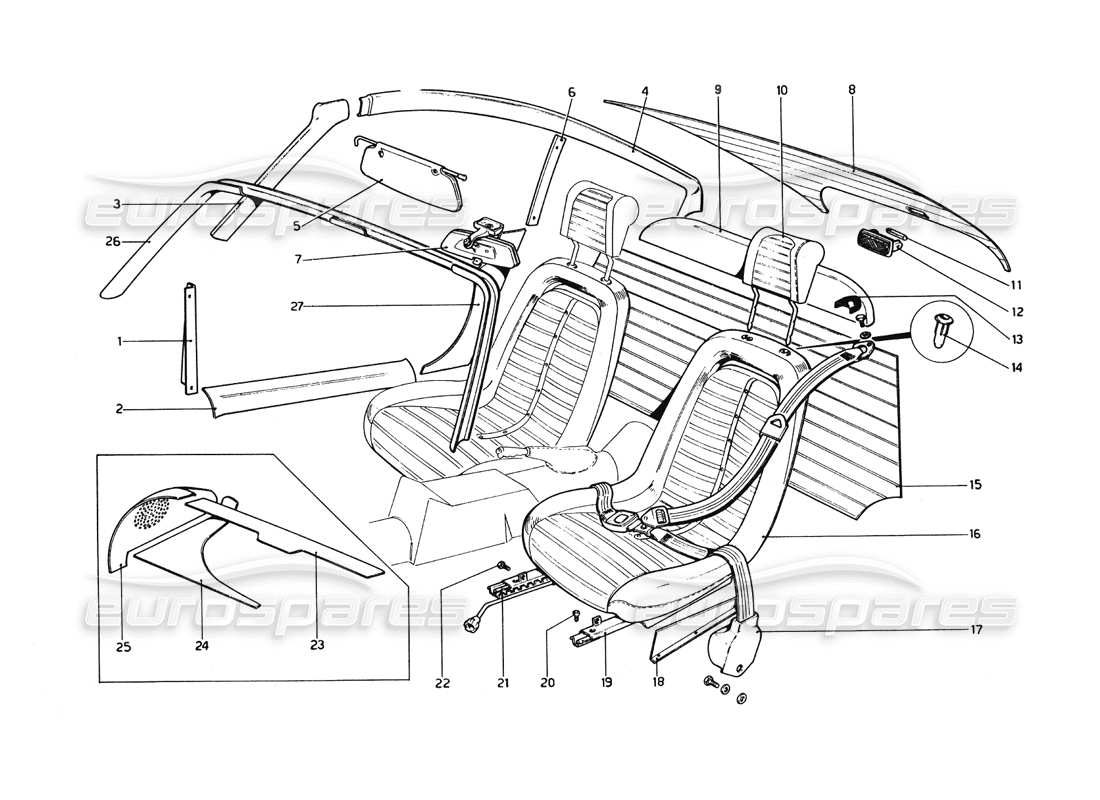 ferrari 246 dino (1975) diagrama de piezas de asientos y molduras interiores