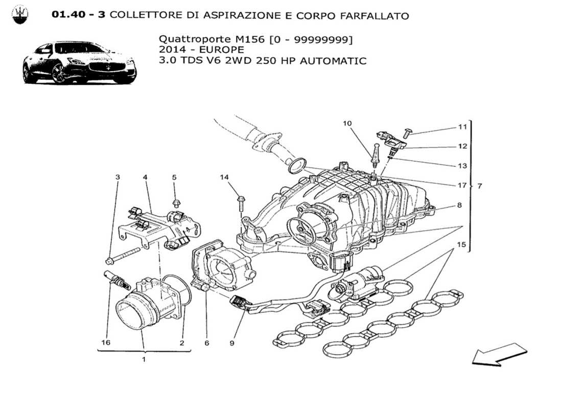 maserati qtp. v6 3.0 tds 250bhp 2014 diagrama de partes del colector de admisión y del cuerpo del acelerador