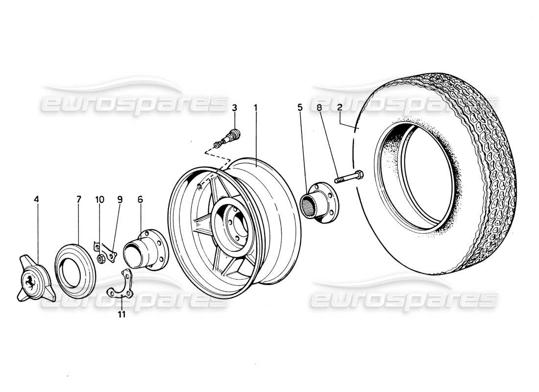 ferrari 365 gtb4 daytona (1969) diagrama de piezas de ruedas y neumáticos