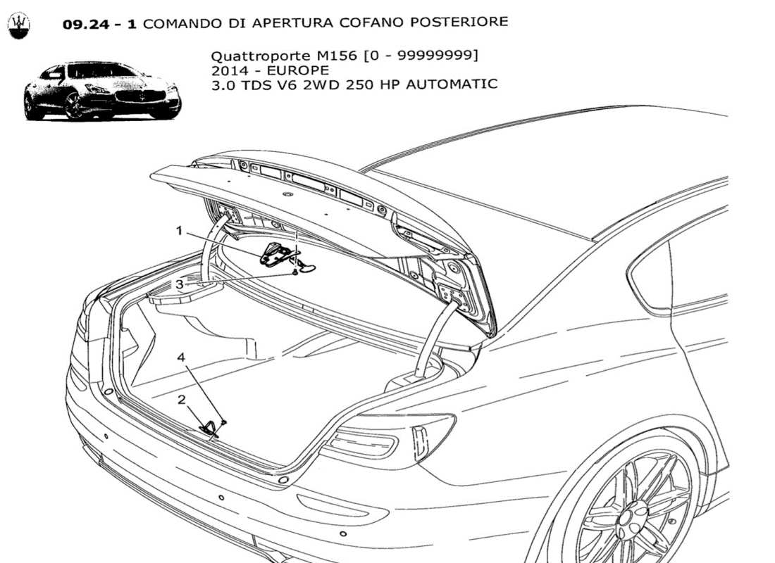 maserati qtp. v6 3.0 tds 250bhp 2014 diagrama de piezas de control de apertura de la tapa trasera